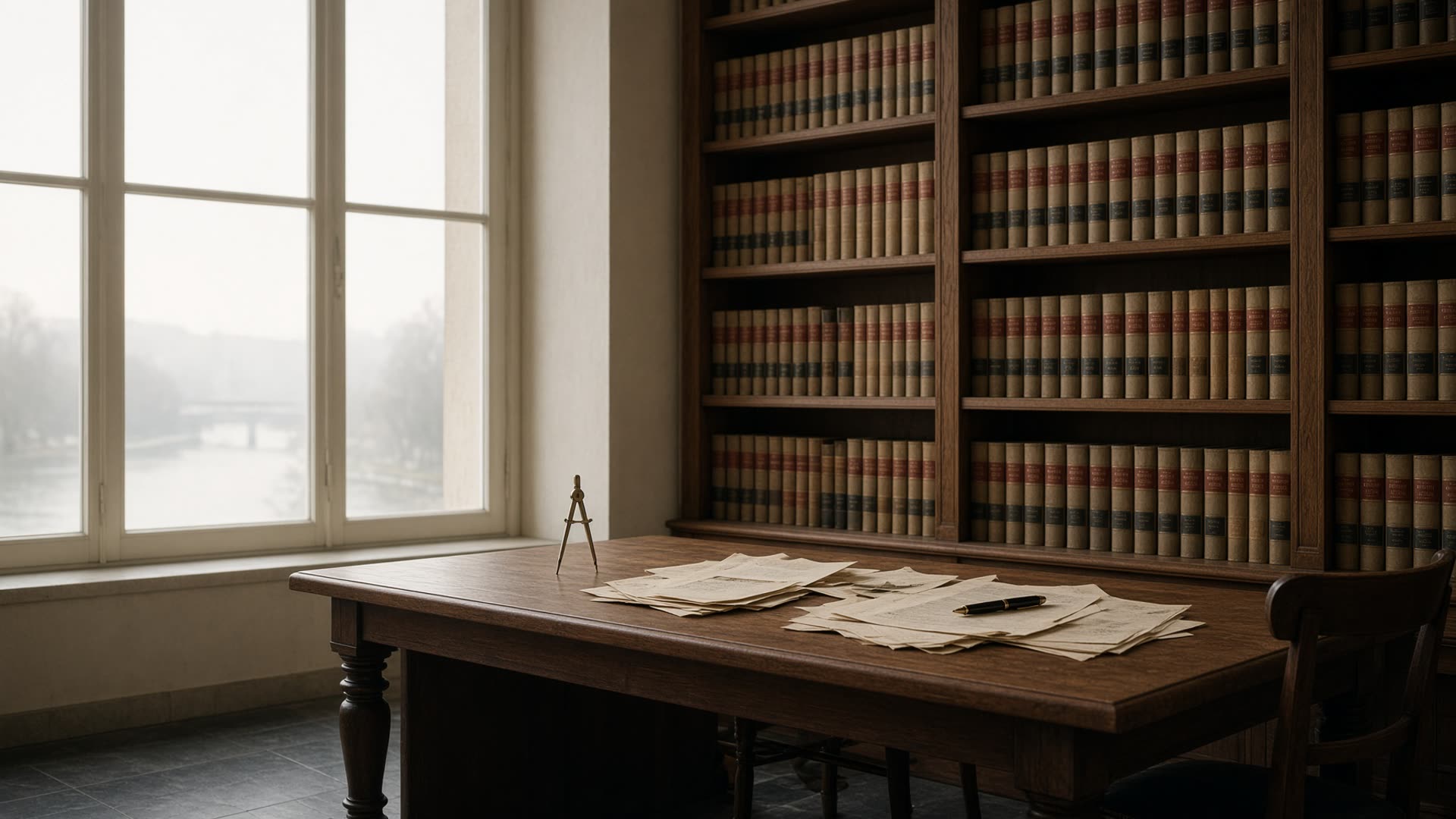 Lesesaal mit Kompass, Gerichtsakten und Bücherregalen